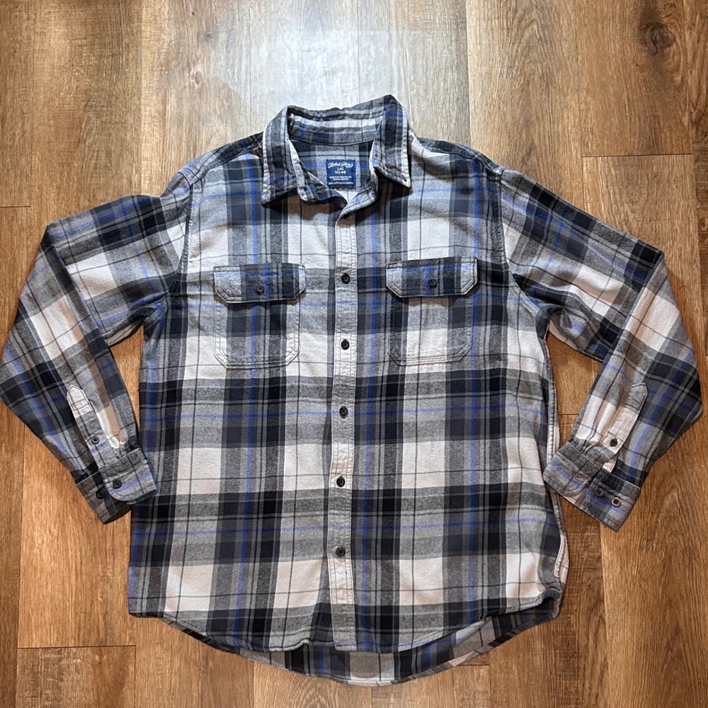 Faded Glory Mens Flannel Shirt L Grey Blue Plaid Long Sleeve FM47Y027 Cabincore